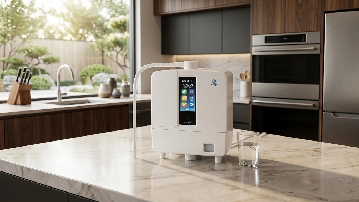 Close-up of the Kangen K8 water ionizer machine on a kitchen counter