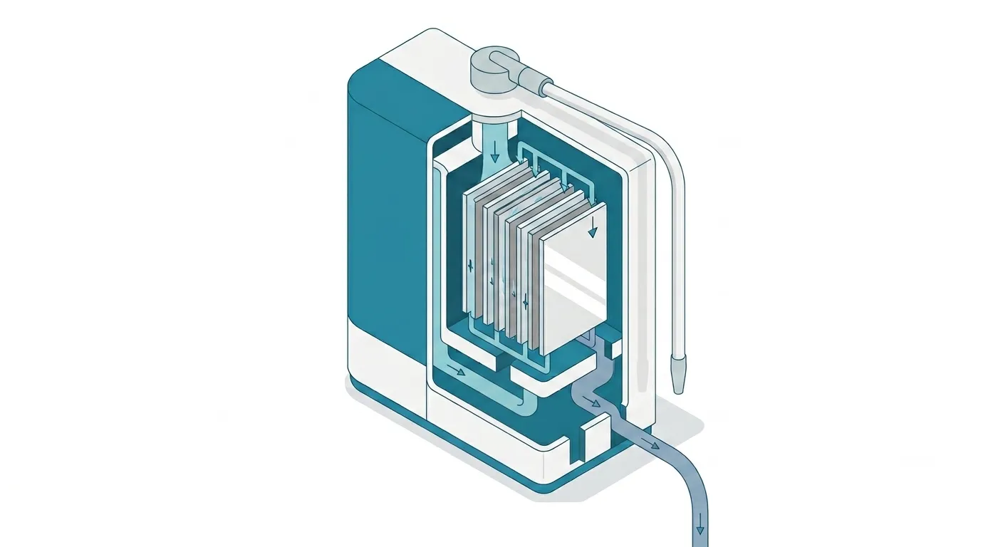 Diagram of electrolysis process separating tap water into alkaline and acidic streams inside a Kangen machine
