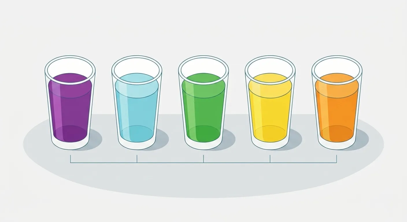 Illustration of five water types produced by a Kangen machine, ranging from alkaline to acidic pH levels