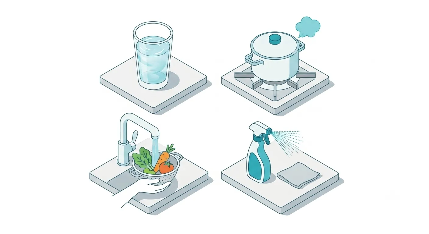 Icons showing everyday uses of ionized water for drinking, cooking, washing produce, and cleaning