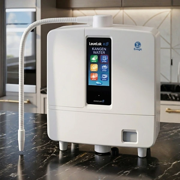 Kangen Leveluk K8 water ionizer machine with 8-plate electrolysis chamber and touchscreen display